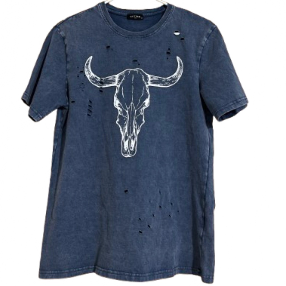 Rare & Collectible Zutter Women Marine Blue Ripped Bull Head Graphic Shirt Sz-S
